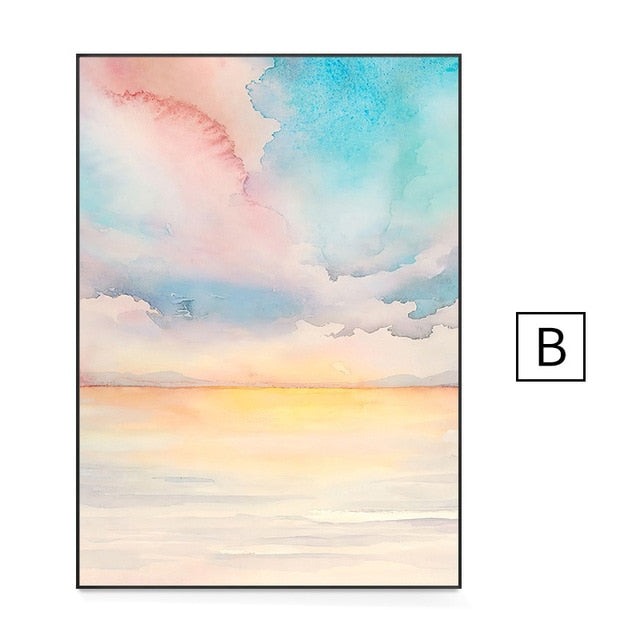 Set Of 3 Abstract Pink Sea Canvas Paintings Printed Posters